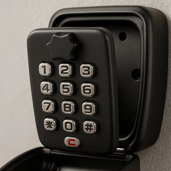 Close-up of the black key safe's metal number keypad, textured dial and clear button, with the cover opened against a wall. 2