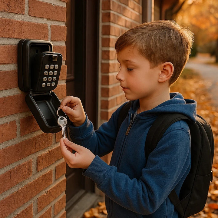 Boy with a backpack takes a key out of the black key safe mounted on a red brick wall. 3