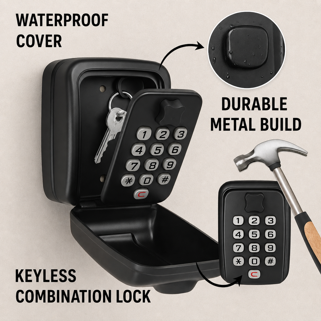 Feature collage of the open key safe with keys inside, a water-beaded cover detail, a hammer beside the keypad, and callouts. 5