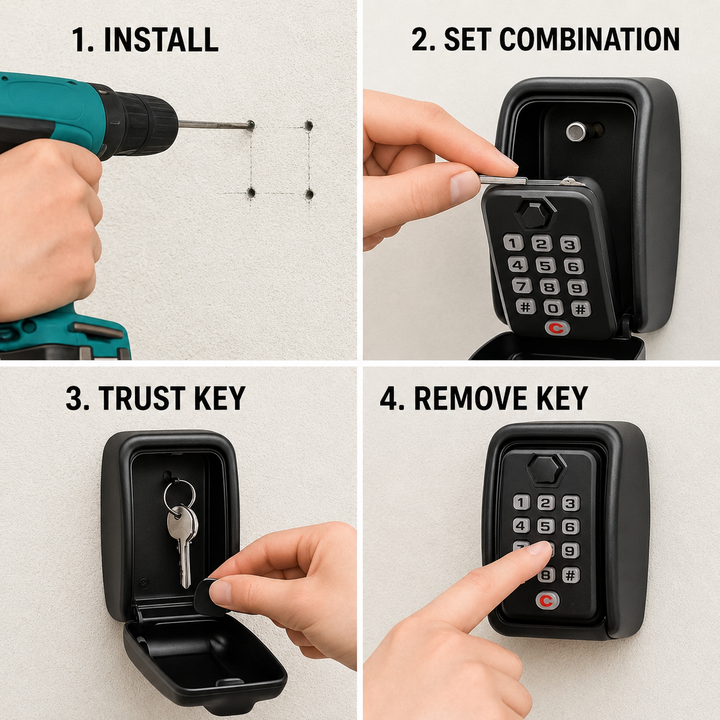 Four-step installation guide: drilling holes in the wall, setting the combination, placing keys inside, and pressing the keypad to close. 6