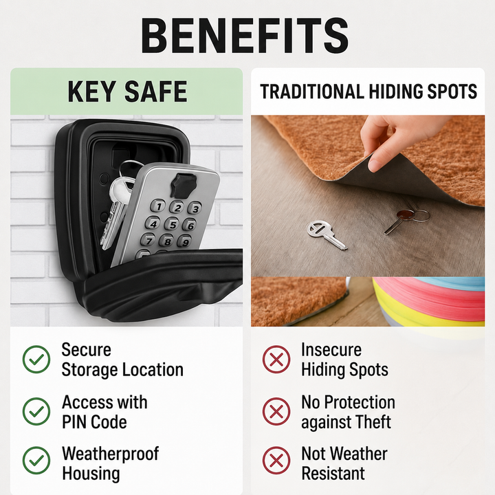 Comparison graphic showing the wall-mounted key safe with keys beside traditional hiding spots like keys under a doormat. 7