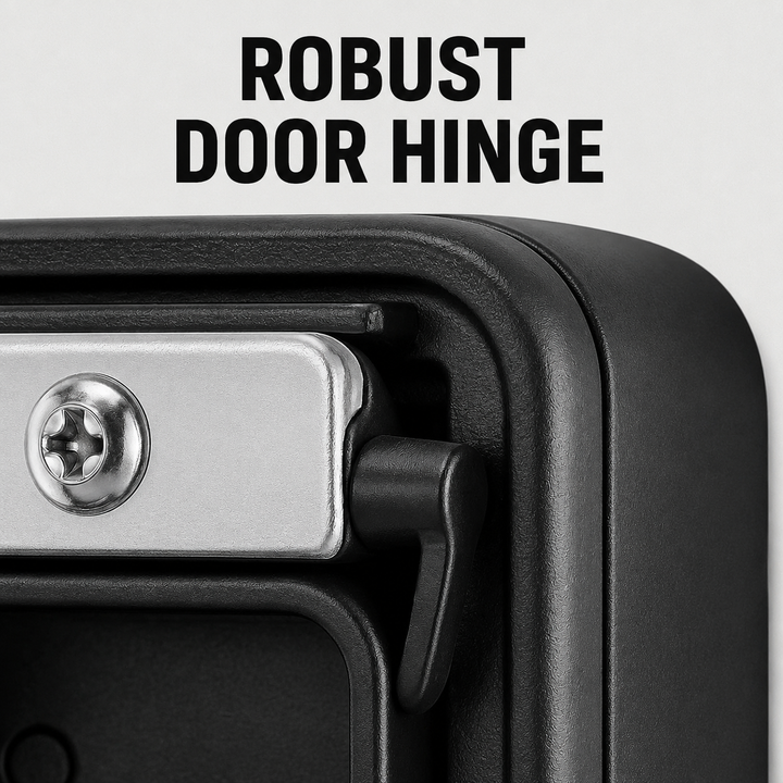 Close-up of the key safe's door hinge, with a stainless steel bracket, screw and black latch on the textured housing. 8