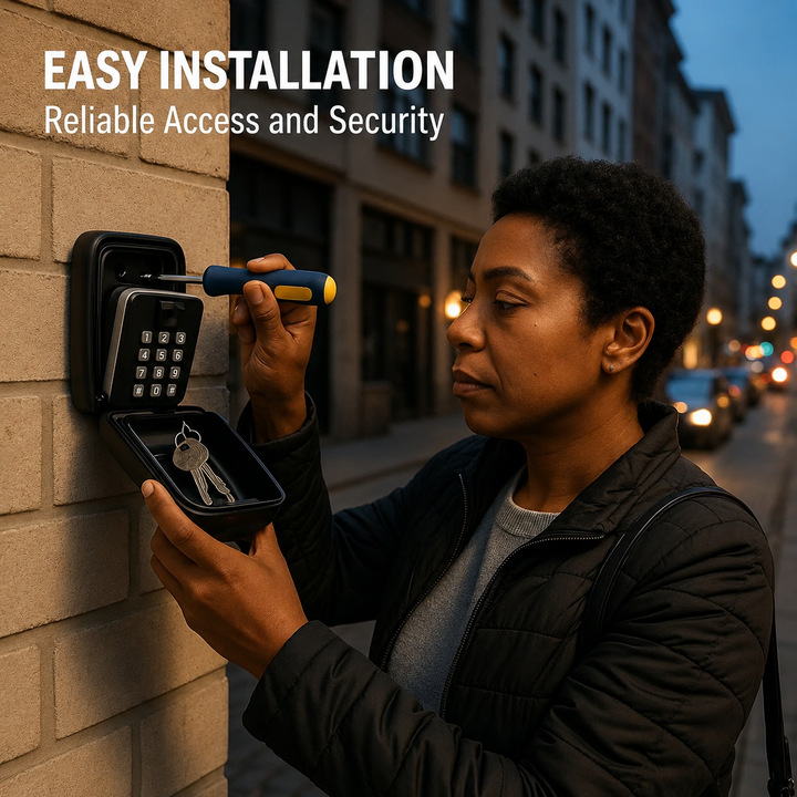 Woman on an evening city street uses a screwdriver to mount the open key safe, with keys inside, on a brick wall. 9