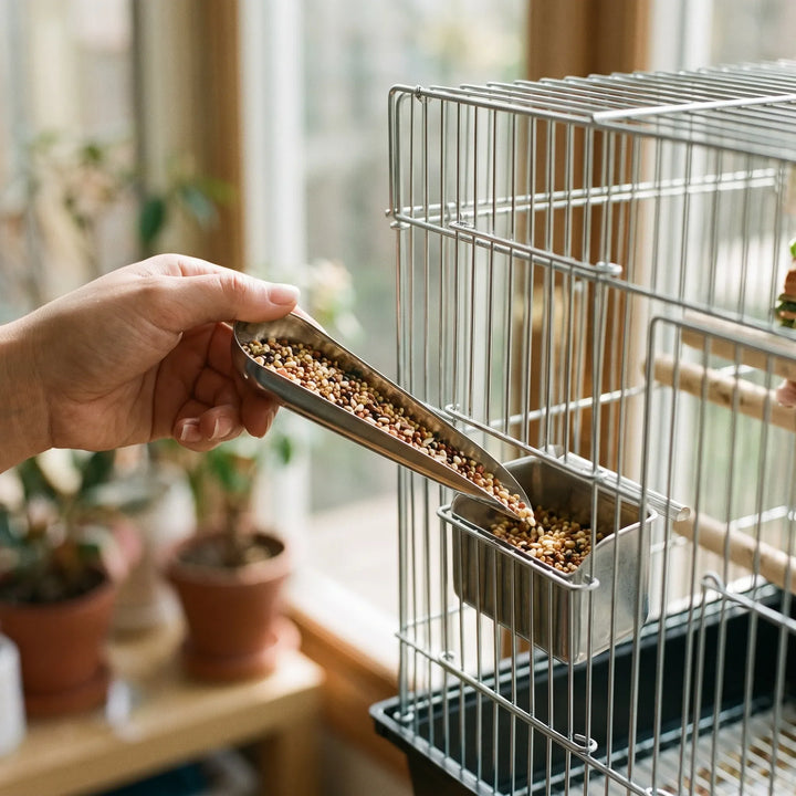 Hand holding the metal scoop full of seed mix, pouring it into a steel feeder cup attached to a wire cage. 2