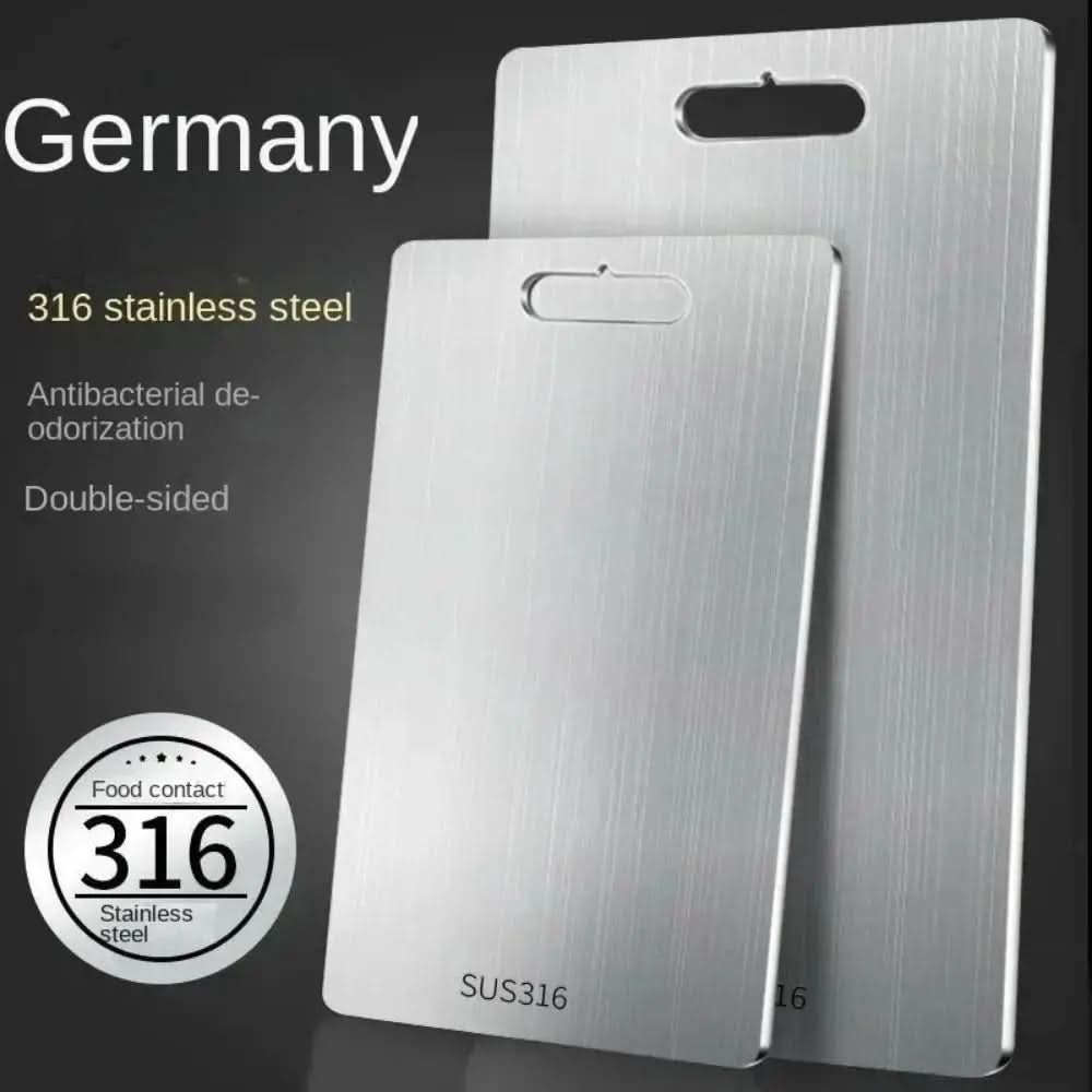 Two overlapping brushed steel boards with finger-hole handles on a dark background, shown with feature callouts about double-sided use. 4