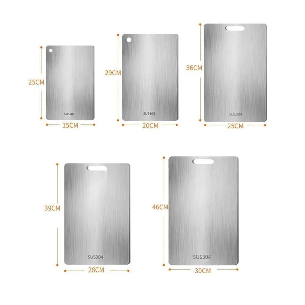 Size chart showing five brushed metal boards in increasing sizes, each with dimension lines, the smaller ones with a hanging hole. 2