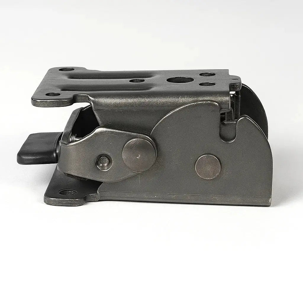 Side view of a dark gunmetal bracket folded flat, showing its riveted plates, mounting holes and black release tab. 10