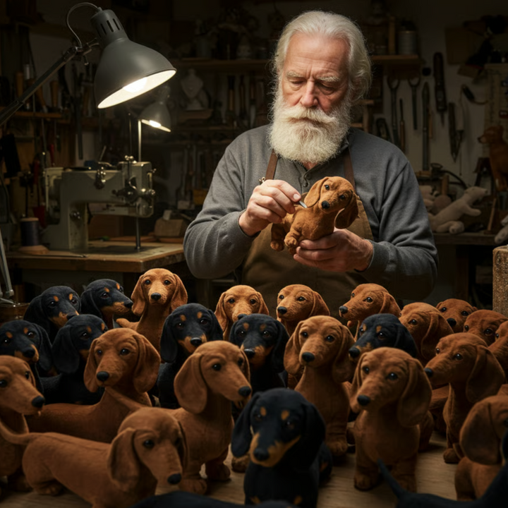 White-bearded craftsman in a workshop holds a tan plush dachshund, surrounded by rows of tan and black plush dachshunds. 4