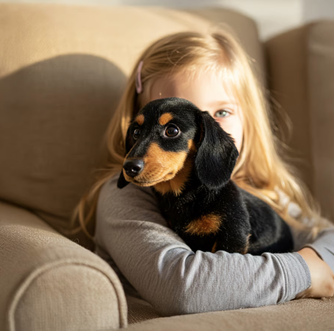 Blonde girl on a beige sofa holds a black-and-tan plush dachshund close, her face partly hidden behind it. 9