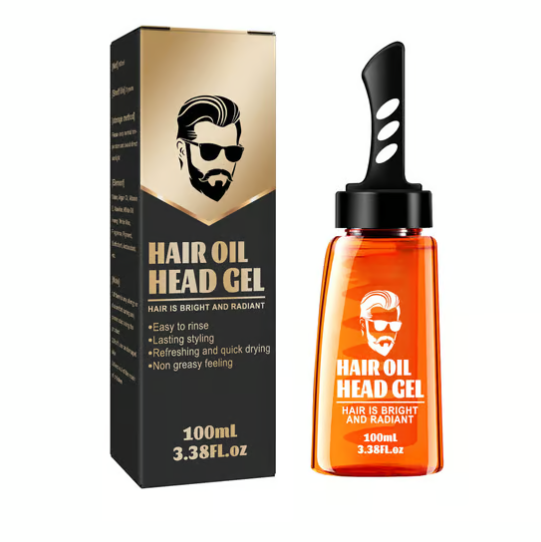 another view of the black and gold retail box beside an orange gel bottle with a black comb-shaped cap