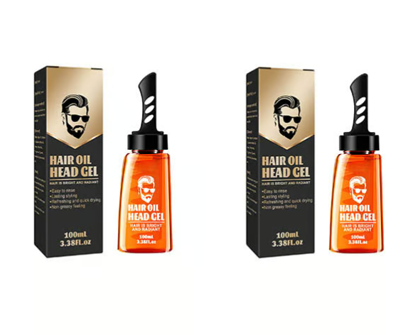 another view of two orange gel bottles with black comb-shaped caps beside their black and gold retail boxes