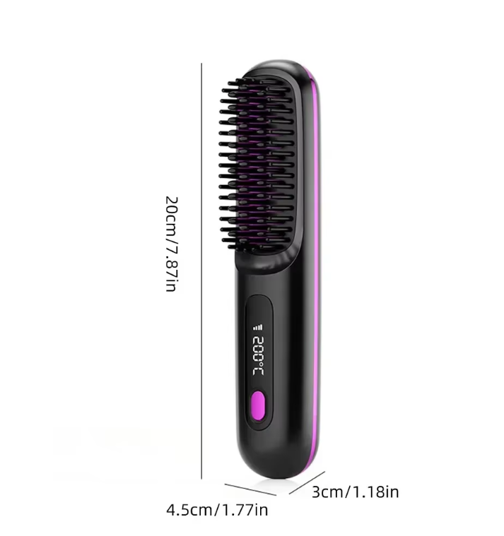 Black brush with purple accents shown upright against white, with dimension lines marking its length, width and thickness.