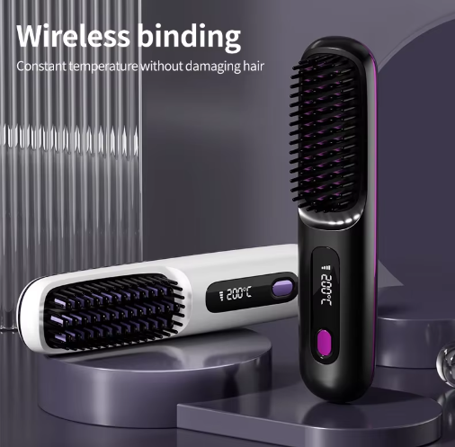 Black and white versions of the heated brush on dark purple platforms, each with a digital temperature display and purple button.