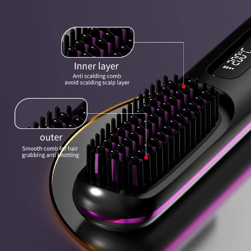 Close-up of the black brush head showing the inner layer of heated bristles and the outer layer of smooth comb teeth.