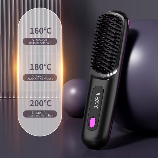 Black heated brush standing beside a panel showing three temperature settings for delicate, ordinary and coarse hair types.