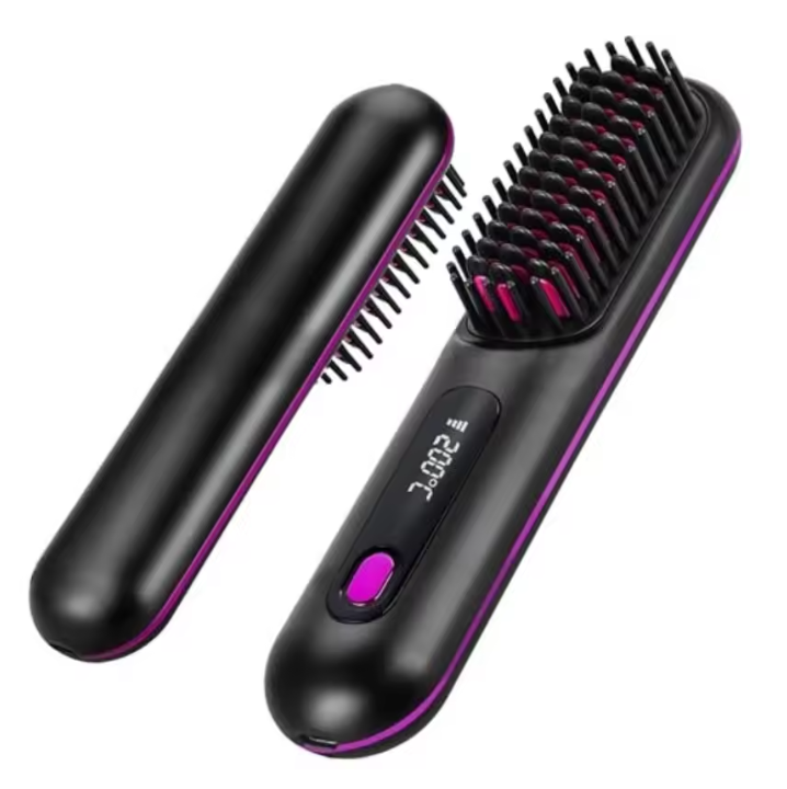 Two black cordless heated brushes with purple trim, one showing its back and the other the bristles, digital display and purple button.