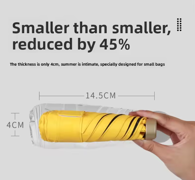 A hand holding a folded yellow umbrella with gold cap, with markings showing its compact length and thickness.