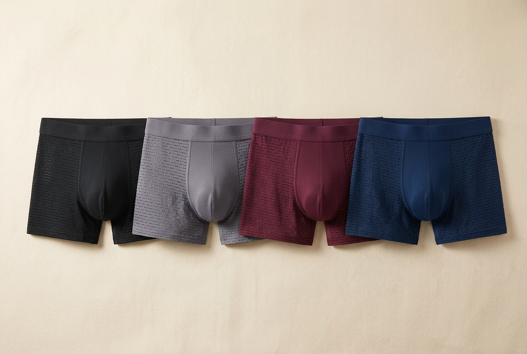 Four mesh-panel boxer briefs in black, gray, burgundy and navy laid flat in a row 2