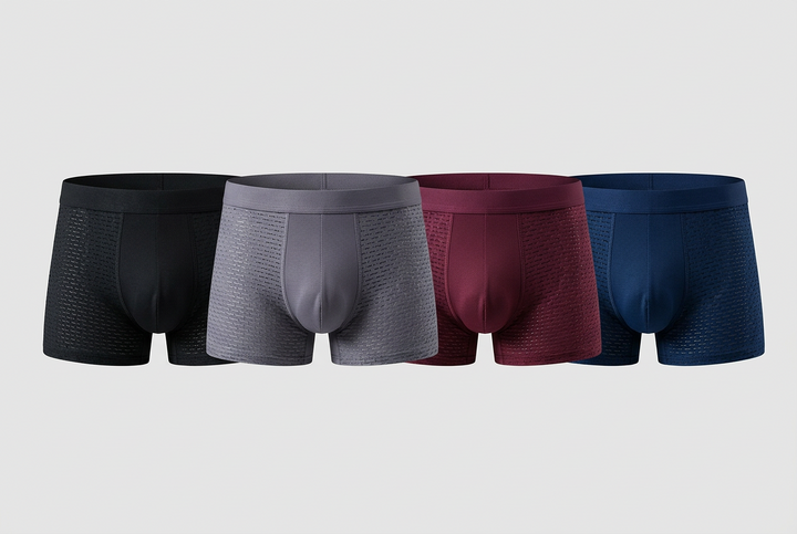 Four boxer briefs lined up side by side in black, gray, burgundy and navy, with mesh side panels 4