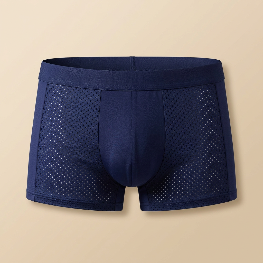 Front view of navy boxer briefs with a smooth center panel and perforated mesh sides 6