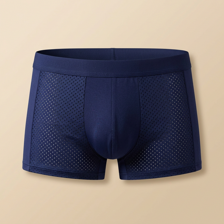 Front view of navy boxer briefs with a smooth center panel and perforated mesh sides 6
