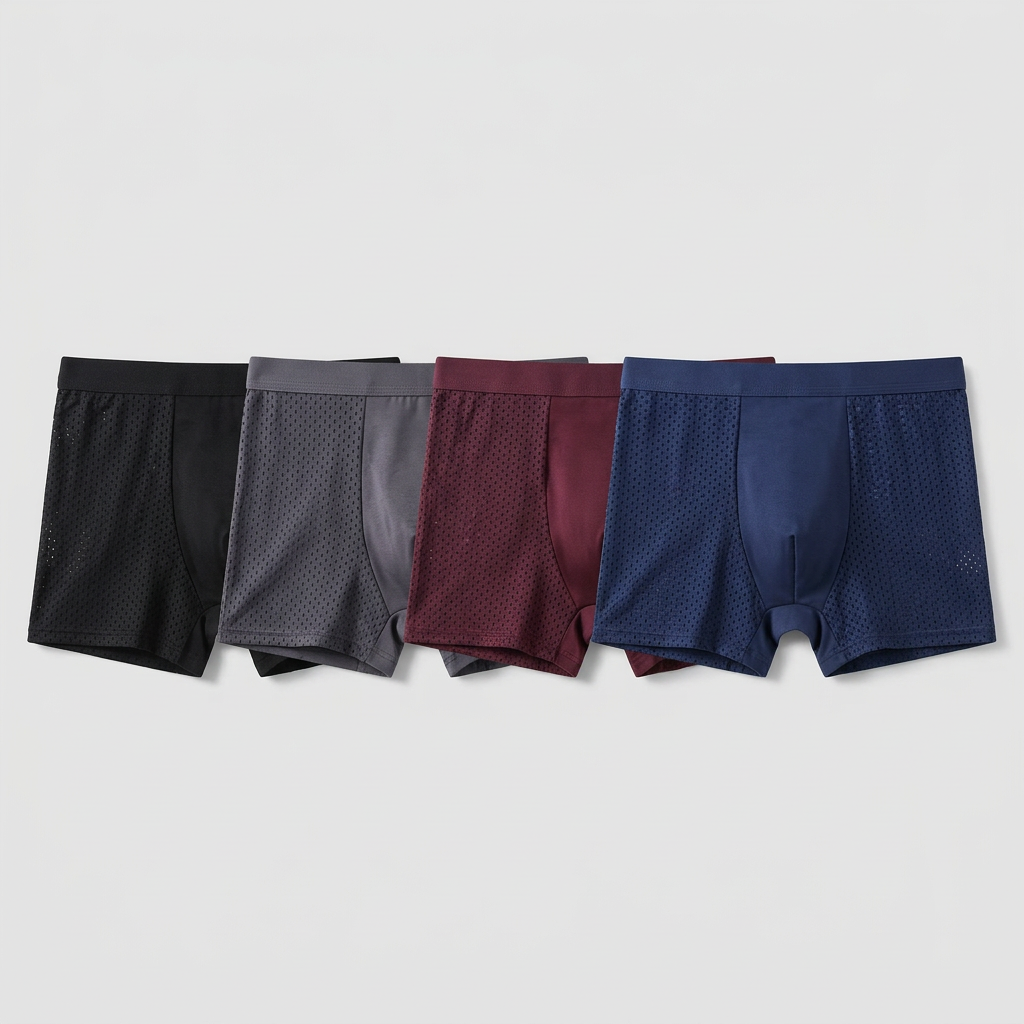 Four boxer briefs in black, gray, burgundy and navy laid side by side, showing mesh side panels 3