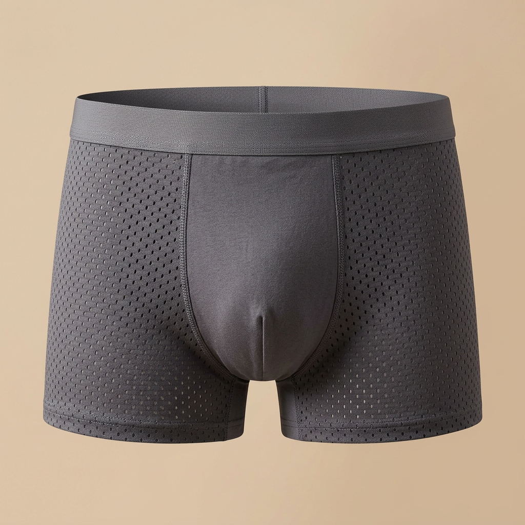 Front view of gray boxer briefs with a wide waistband and dotted mesh side panels 5