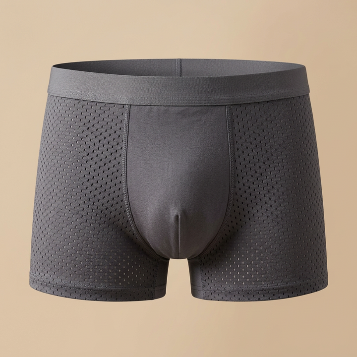 Front view of gray boxer briefs with a wide waistband and dotted mesh side panels 5