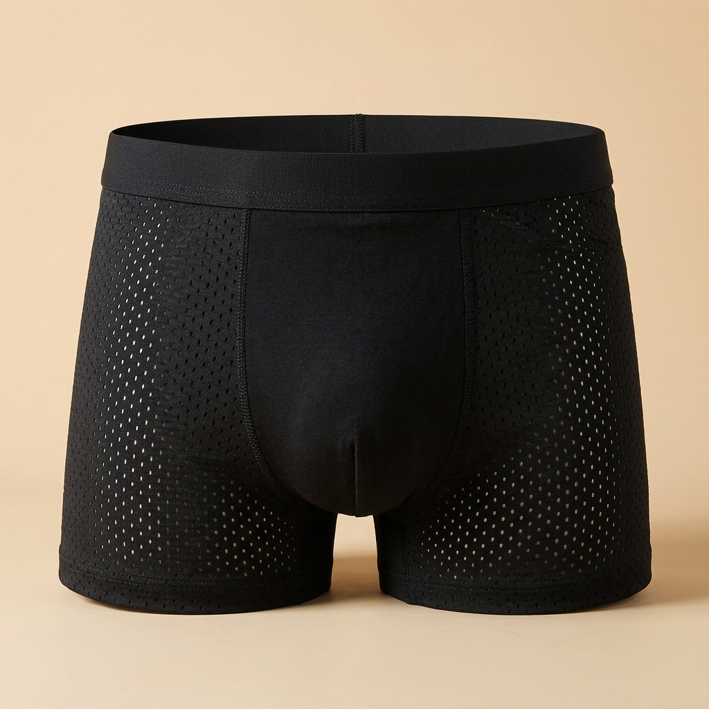 Front view of black boxer briefs with a wide elastic waistband and perforated mesh side panels 8