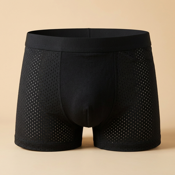 Front view of black boxer briefs with a wide elastic waistband and perforated mesh side panels 8