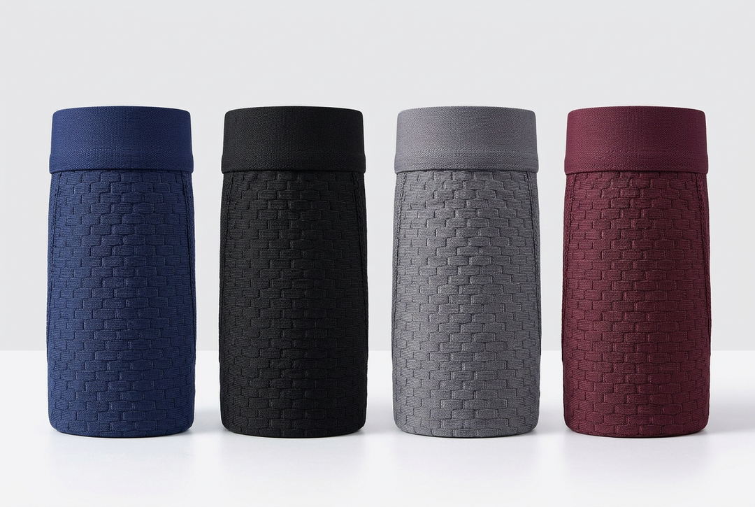 Four folded boxer briefs standing upright in navy, black, gray and burgundy, showing a woven brick texture 3