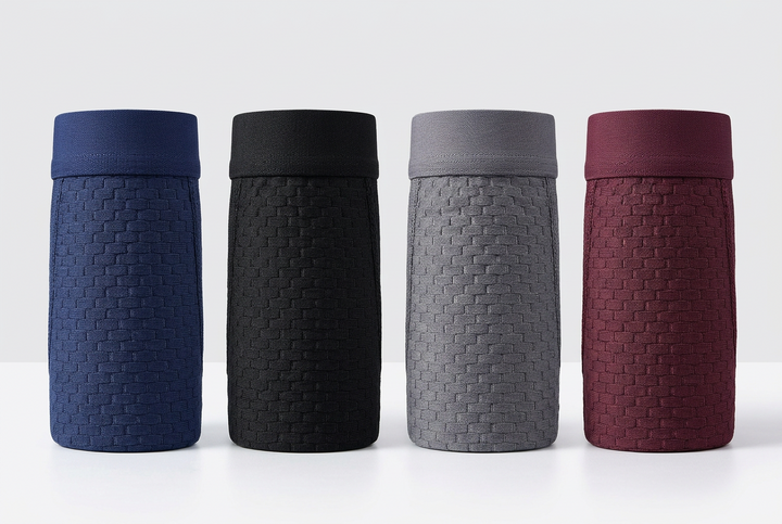 Four folded boxer briefs standing upright in navy, black, gray and burgundy, showing a woven brick texture 3