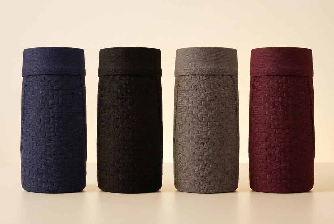 Four boxer briefs rolled into cylinders in navy, black, gray and burgundy, showing a woven brick-like texture 3