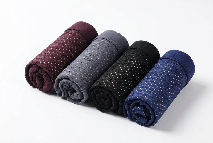 Four rolled-up boxer briefs in burgundy, gray, black and navy, showing the perforated mesh fabric 2