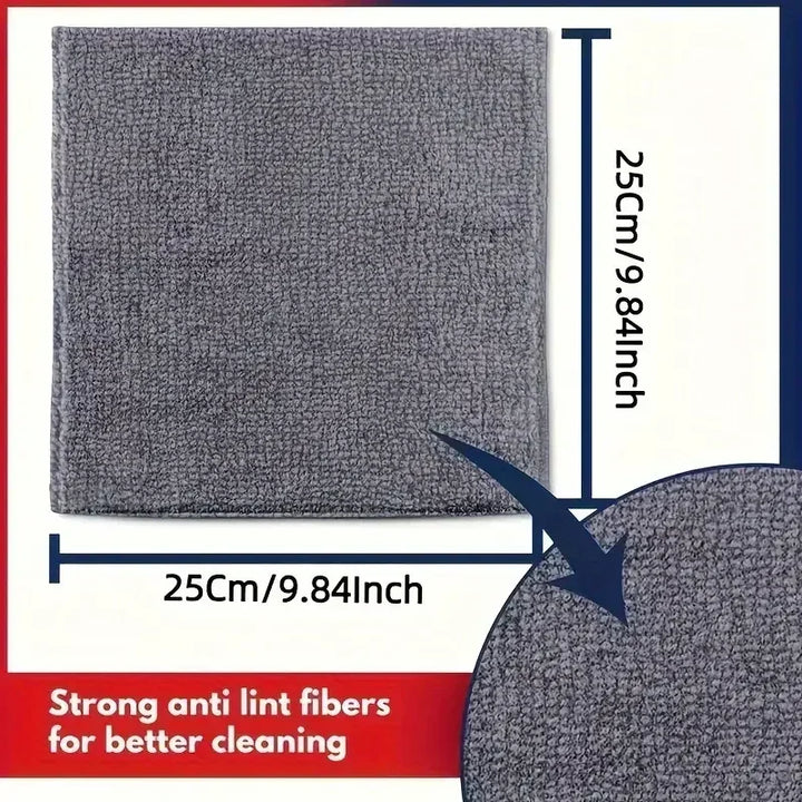 Grey microfiber cleaning cloth with dimension lines and a texture detail.
