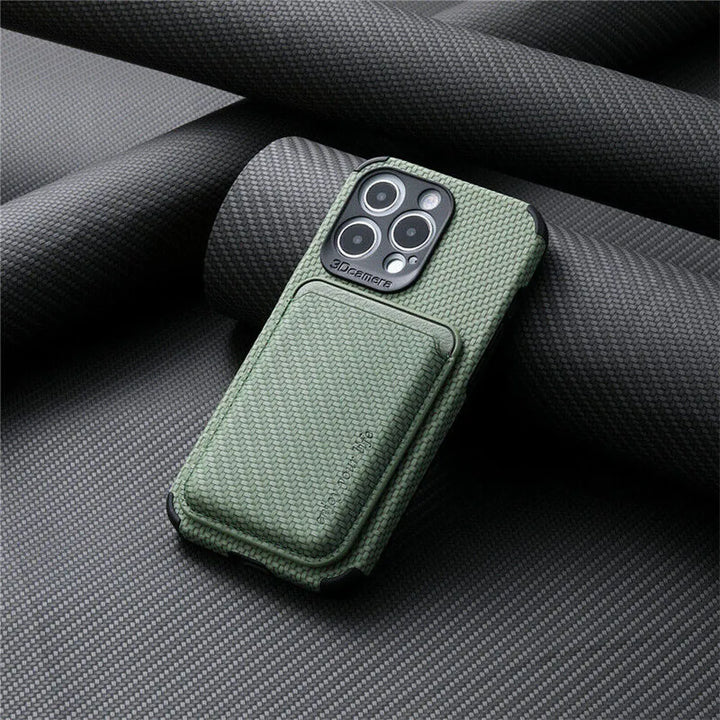 Green textured case with the card wallet attached, shown against a rolled dark fabric backdrop 6
