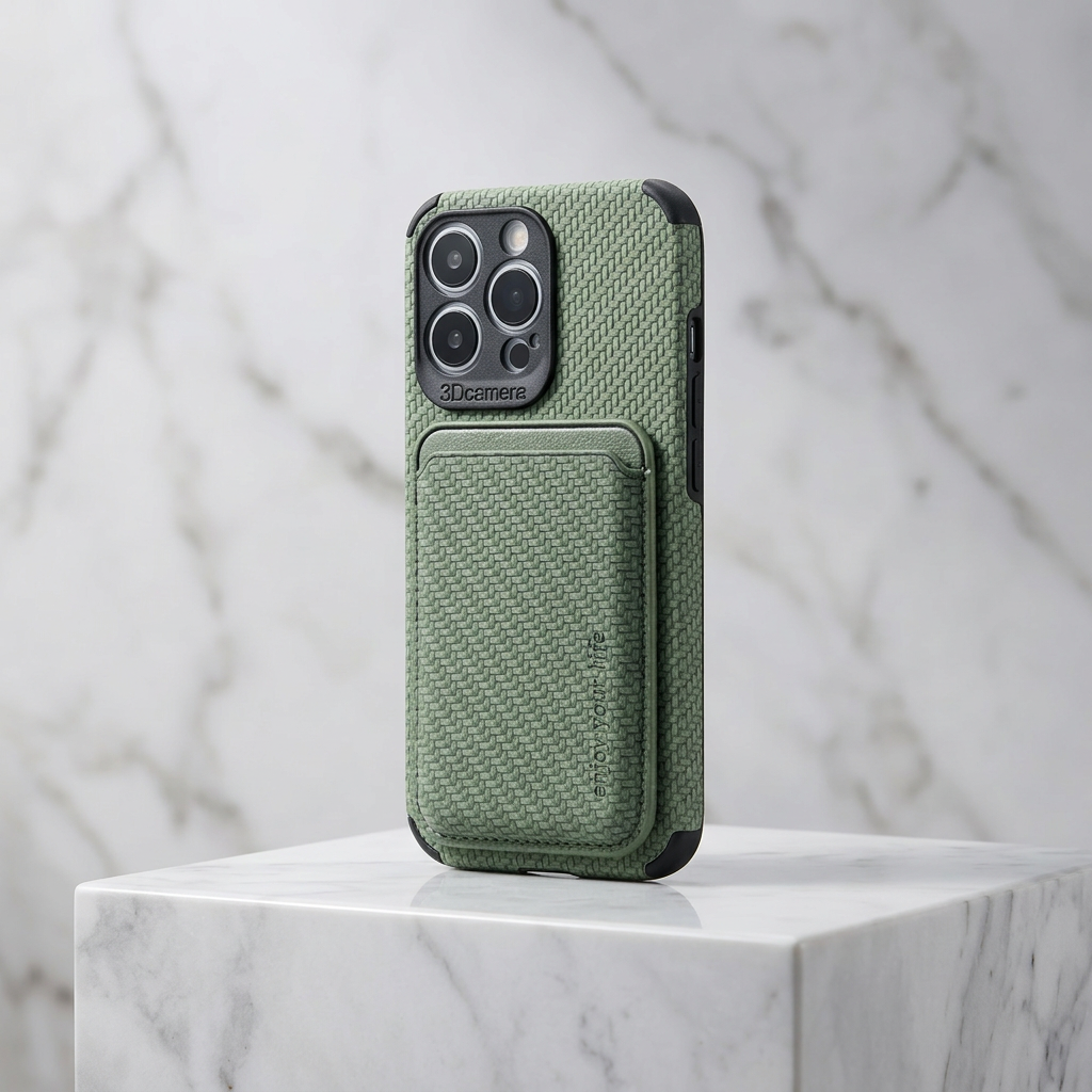 Green woven-texture phone case with card pocket standing on a marble block against a marble wall 4