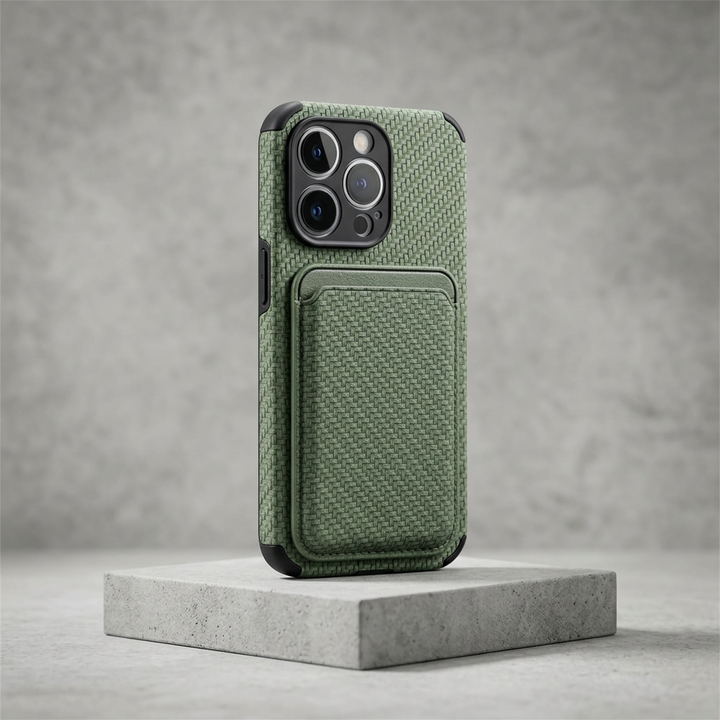 Green woven-texture case with card pocket, angled on a square concrete block 6