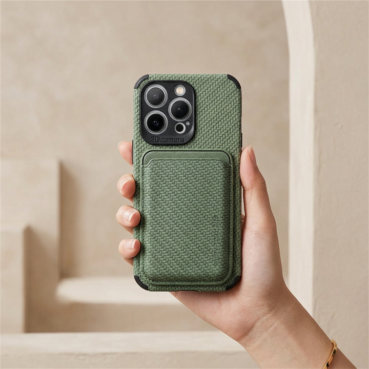 Hand holding a green woven-texture phone case with a card pocket on the back 1