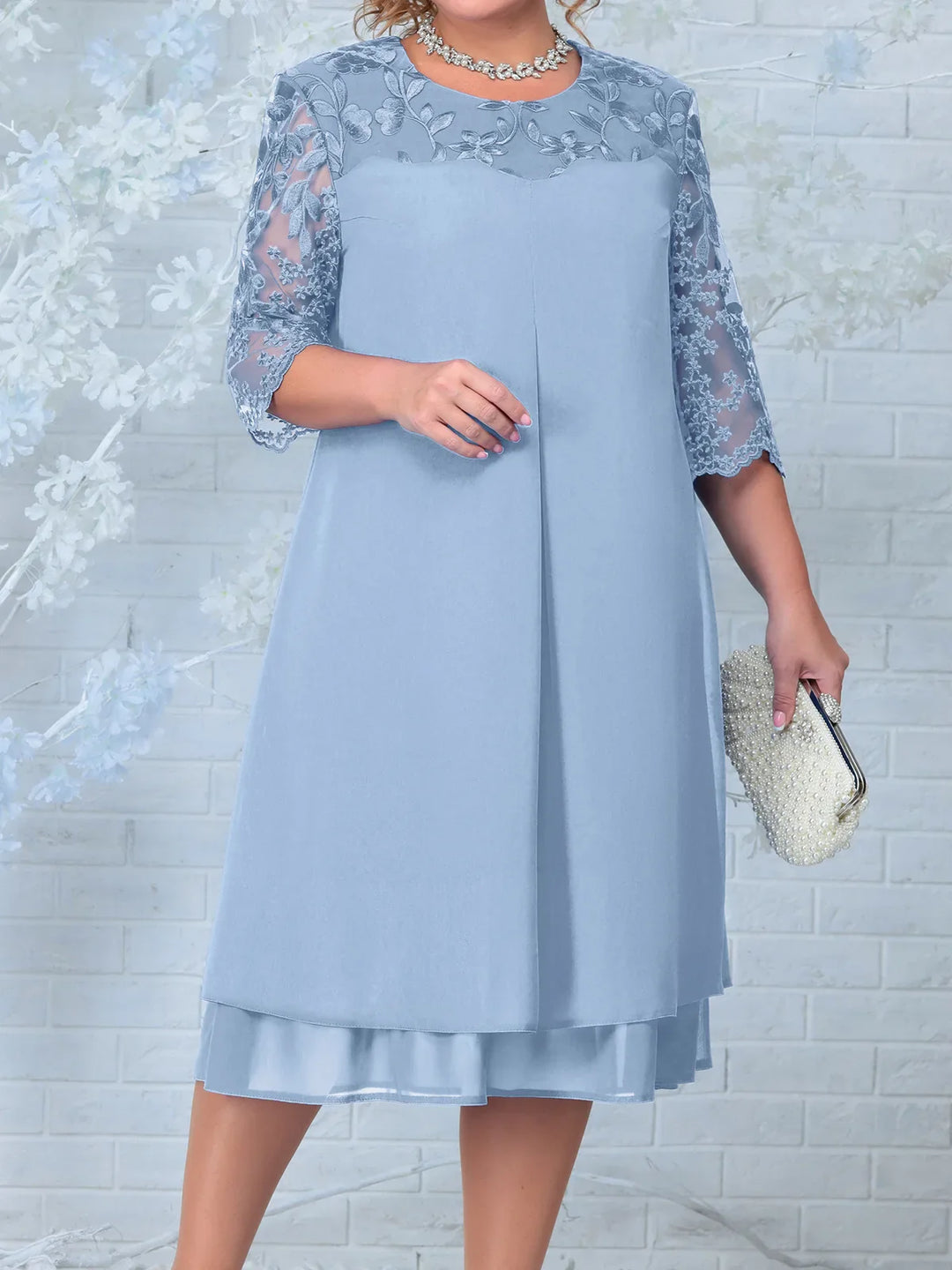 Damenkleid blau Spitze, knielang, elegant, festlich, mit Clutch, Abendmode, Plus Size