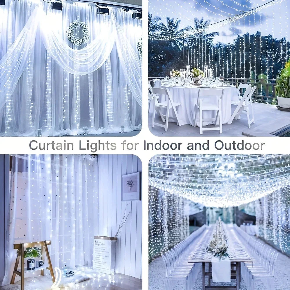 Four-panel collage of cool white curtain lights used indoors and outdoors: a draped backdrop, a patio dinner, a bedroom and a long banquet table. 6