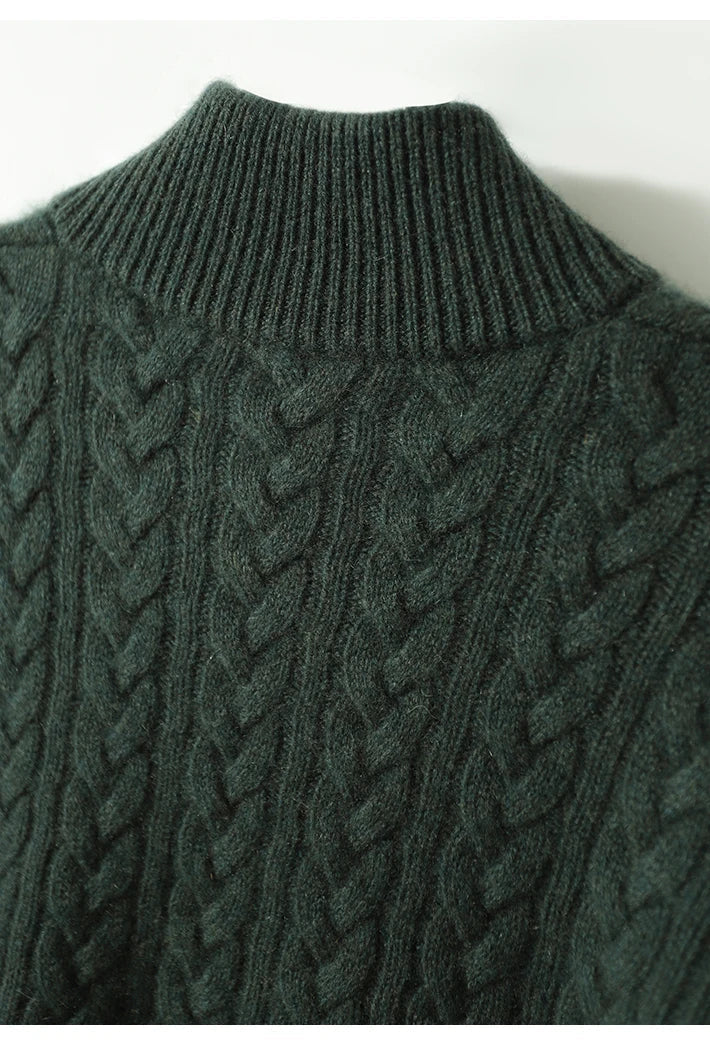 Close-up of the dark green cable-knit texture and ribbed mock-neck collar on the back of the sweater. 21