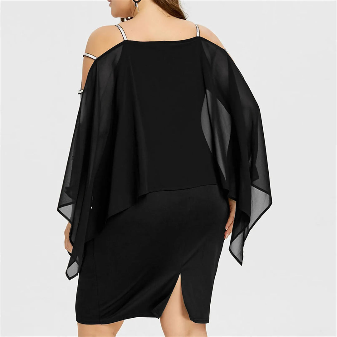 Schwarzes Chiffon-Kleid, schulterfrei, Plus-Size, elegantes Design, Abendmode.