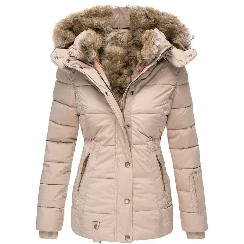 Beige padded parka with fur-trimmed hood, front view, brown-tipped zipper pulls on pockets 9