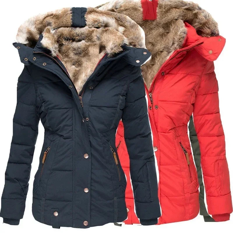 Navy blue and red quilted parkas shown side by side, both with fur-lined hoods 2