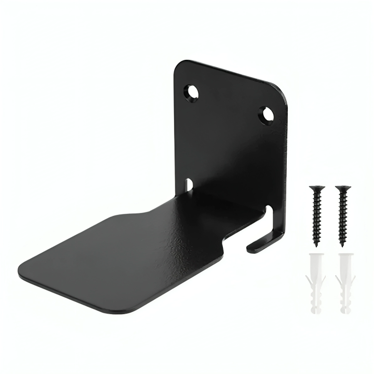 Black metal shelf bracket detail with two black screws and two white wall plugs