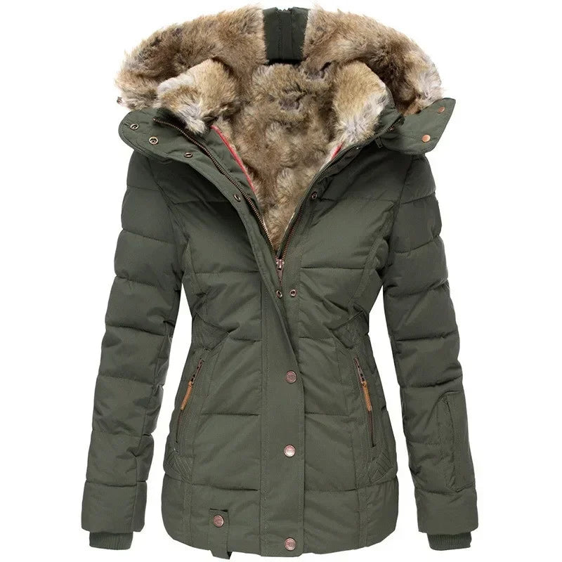 Olive green padded parka with fluffy fur-lined hood, front view, zippered pockets with leather pulls 12