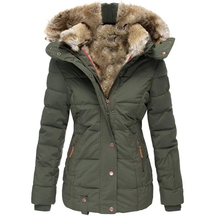Olive green padded parka with fluffy fur-lined hood, front view, zippered pockets with leather pulls 12