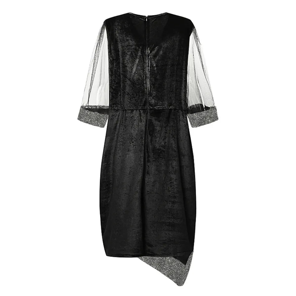 Schwarzes Samtkleid mit transparenten Ärmeln, asymmetrischem Saum, elegantes Abendmode Damen.