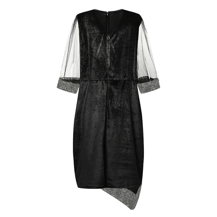 Schwarzes Samtkleid mit transparenten Ärmeln, asymmetrischem Saum, elegantes Abendmode Damen.
